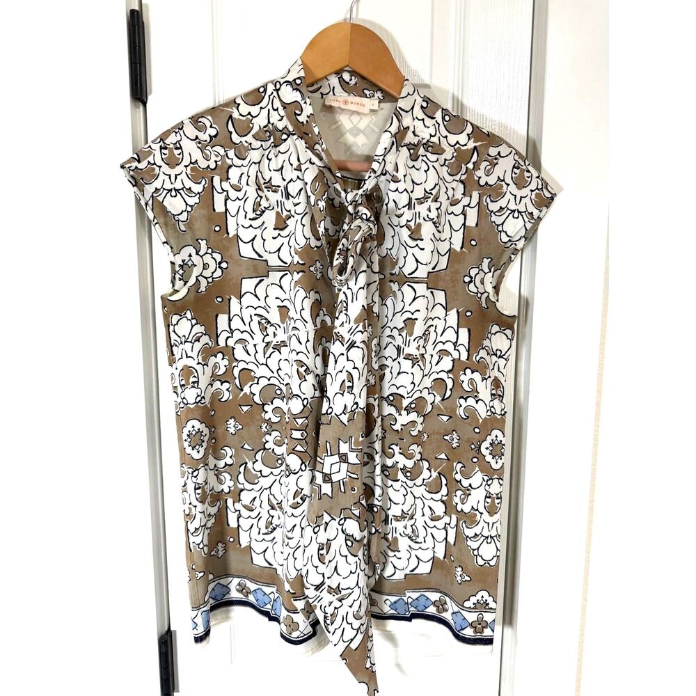 ✨ Tory Burch | Brown & White Geometric Bow Blouse | Size 4 ✨ - Picture 2 of 6